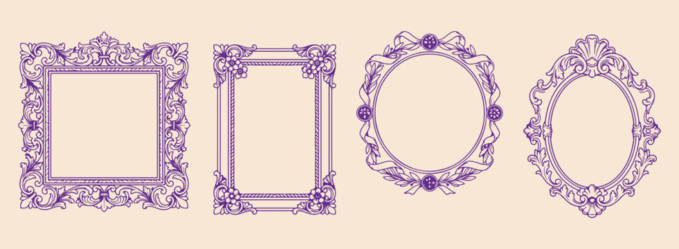 Ornate purple frame borders, Vintage baroque picture frames, Elegant oval mirror edges, Classic decorative scroll art, Victorian style frame set, Royal luxury border graphics, Digital scrapbooking fra