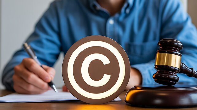 Copyright law concept with judge gavel and legal document background