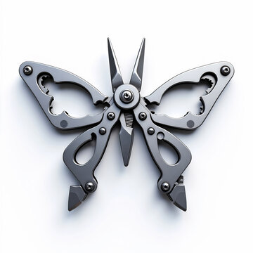 Multitool folding device styled like butterfly with mechanical intricate metal detailing.