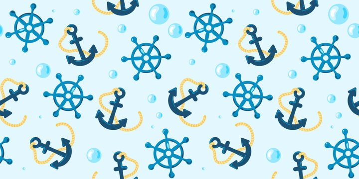 Blue ship wheel and anchor seamless pattern
