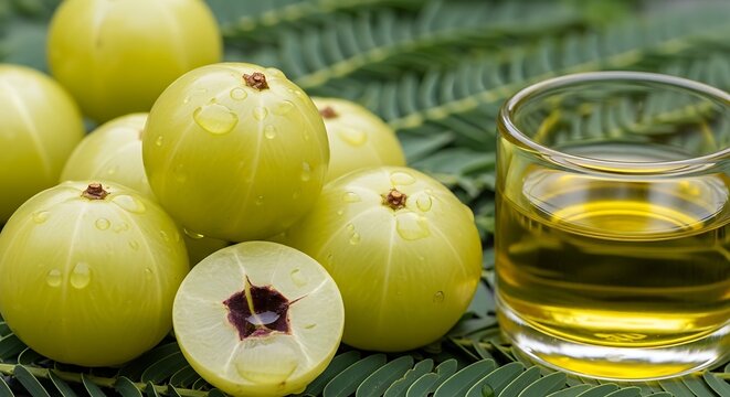 Fresh green amla fruits with a glass of healthy herbal juice on a dark rustic wooden table surface. amla oil 