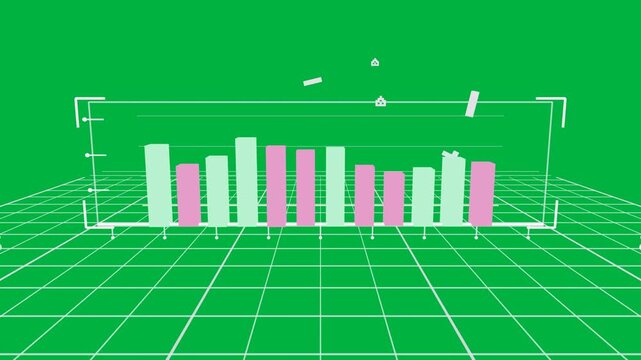 On start camera pulling back, rotating while mint pink bars revealing data on transparent black