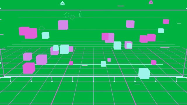 Magenta cyan cubes sliding and drifting as camera pulling back, revealing transparent background