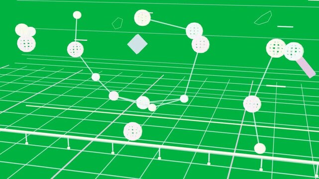 Camera zooming, grid expanding, nodes forming U chain, towers showing data on transparent backdrop