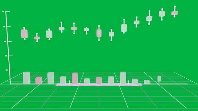 On camera pull 3D candlestick chart forming and bars rising on transparent backdrop, showing trend