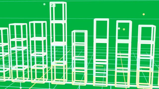 On data pulse hollow wire cuboids stacking into skyline, showing metric growth on transparent plane