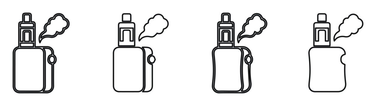 Vaping device line icons set, electronic cigarette box mod symbols, vape smoke vector graphics