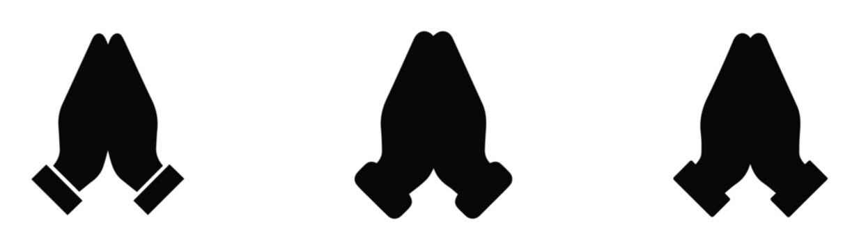 Praying hands icon set, black silhouette prayer gesture, religious namaste symbols, EPS vector