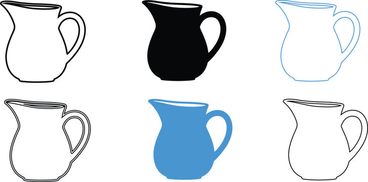 Set of six jugs in line art and solid color styles for design elements