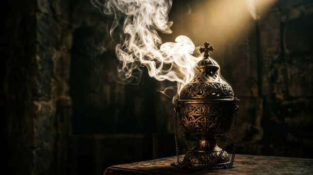 Ornate Metal Incense Burner Releasing Thick White Smoke