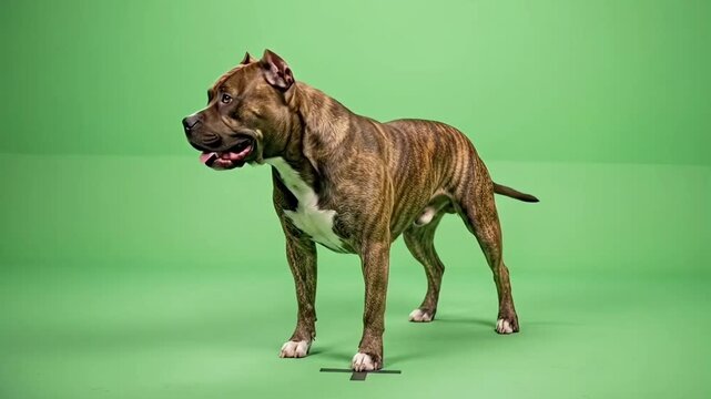 American Bully dog standing on green screen, muscular brindle pit bull terrier in studio, purebred canine pet on chroma key background for compositing