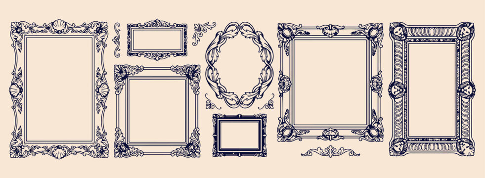 Ornate vintage frames, Classic antique borders, Victorian picture frames, Elegant mirror edges, Baroque design graphics, Digital frame collection, Royal border doodles


