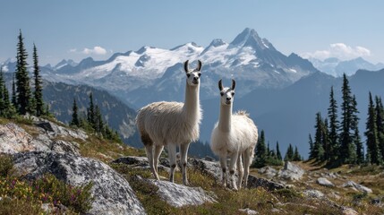 Fototapeta premium Cute llamas in a mountainous landscape on a ridge with expansive views