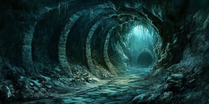 Dark tunnel with a light shining through it. The tunnel is long and narrow, and the light is coming from the top. Scene is eerie and mysterious