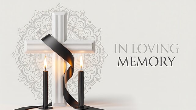 In loving memory memorial background with cross candles and floral pattern