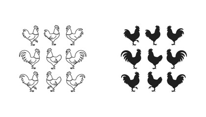 Rooster silhouette and line art icon grid for farm and agriculture branding © Zenith