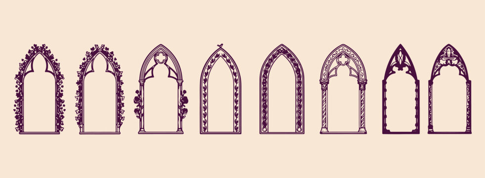 Ornate gothic arches set, Medieval window frames, Purple architectural line art, Vintage cathedral borders, Decorative stone archways, Victorian design elements, Antique building outlines

