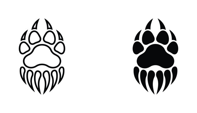 Bear claw print silhouette and line art icon for outdoor adventure branding
