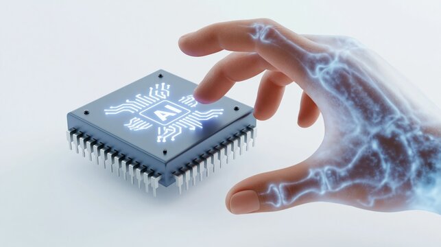 Microchip processor gets held by a robotic hand to represent future digital intelligence.