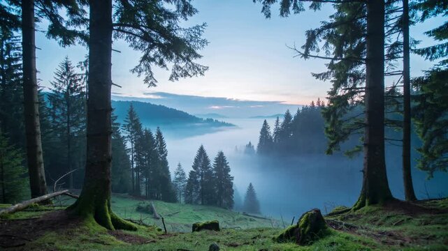 Misty morning landscape with evergreen trees on a hillside at sunrise