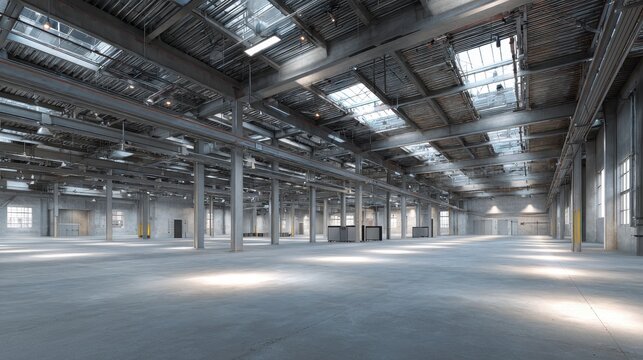 Empty industrial factory interior with exposed metal beams and wide open concrete floor
