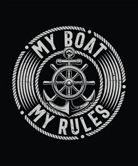 Vintage circular emblem with rope border and ship wheel, distressed text MY BOSS around the edge, nautical design ideal for apparel and branding © Trendy