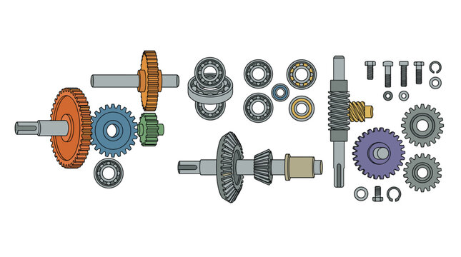 A selection of complex mechanical gear assemblies and industrial ball bearings is neatly arranged on a clean white surface with distinct orange and blue components.