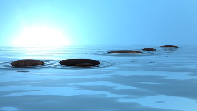 digital zen stones in water stepstones surrounded by ripples sunrise