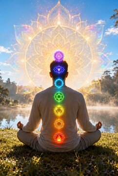 Yoga meditation outdoors. Man sits in a Lotus pose in nature. Colorful chakras and aura glow. Kundalini energy. Zen practicing. Spiritual practice. Relaxation. Esoteric. Generative AI