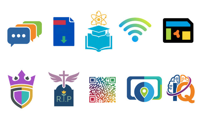 Modern colorful technology and communication icon collection isolated on transparent background featuring education wifi qr code messaging navigation security and digital symbols