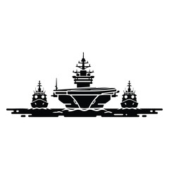 Fototapeta premium Aircraft carrier warship fleet naval battle vessel formation silhouette vector illustration.