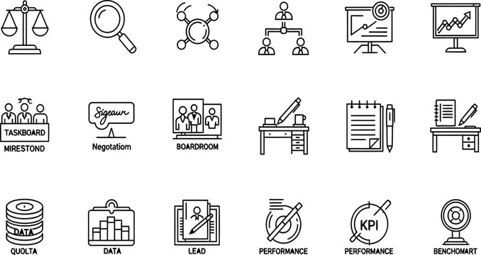 Professional black line icon set for corporate strategy featuring data analysis performance benchmarking lead generation business negotiation and strategic leadership symbols