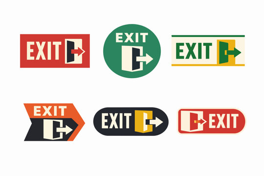 Collection of modern exit signs indicating emergency evacuation