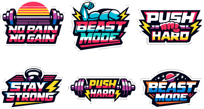 Fitness motivation synthwave stickers set for gym workout