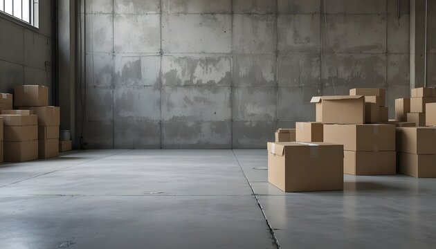 Warehouse interior with stacked cardboard boxes on concrete floor, industrial storage space