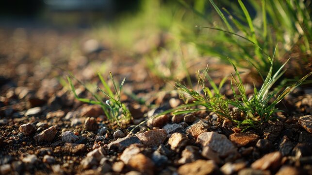 Close-up of grass and weeds breaking through a gravel surface