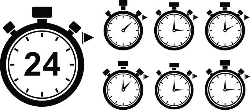 24 hour stopwatch icons set, timer clock countdown symbols, time management and deadline concept, black solid design, vector