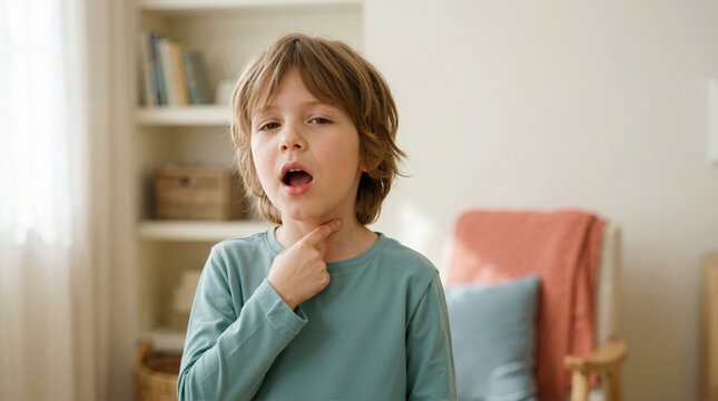Child showing sore throat at home. Young boy pointing to neck with mouth open. Pediatric health and illness concept. Sick kid with symptoms of cold or flu