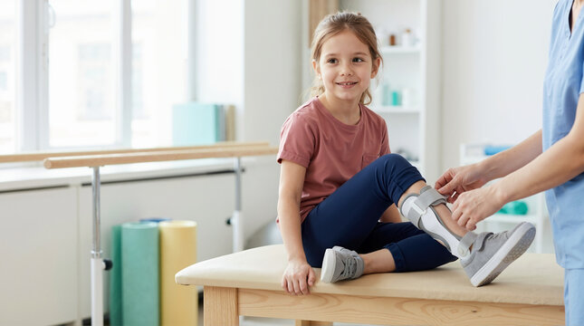 Child in orthopedic brace at a medical clinic. Pediatric patient receiving physical therapy for leg injury. Healthcare professional adjusting medical support on young girl