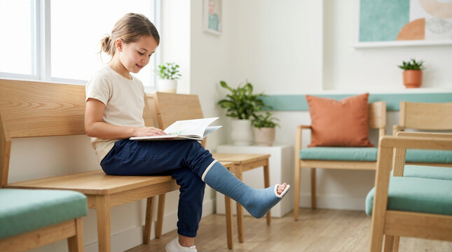 Child with leg cast reading a book in clinic waiting room. Young girl with broken bone in blue orthopedic cast. Pediatric medical recovery and healthcare concept