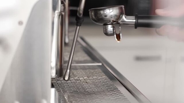 Professional barista prepare espresso brewing coffee use hand-held tamper, tamping freshly ground coffee beans powder in a portafilter, put into coffee machine in cafe restaurant business shop