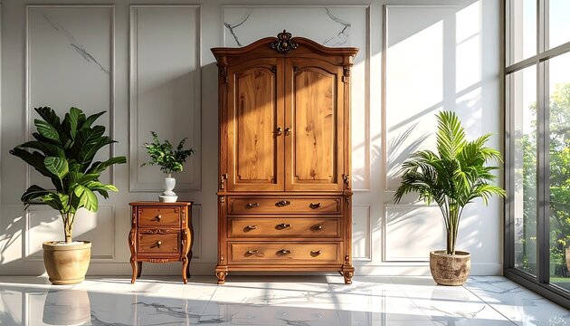 Antique wooden armoire and nightstand with potted plants near a large window, bathed in sunlight, evoking vintage elegance and natural light