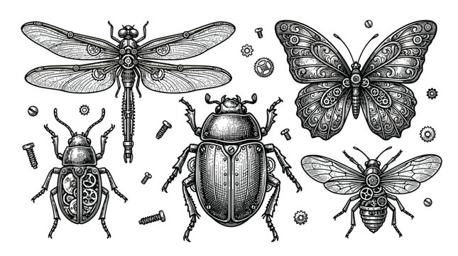 Collection of various insects drawn in detailed illustration.