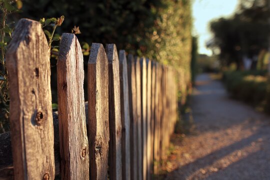 Close-up of vertical wooden fence pickets with grain and warm light