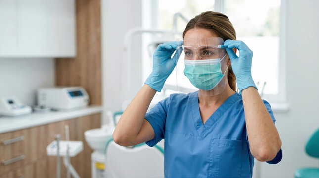 Female doctor adjusting a clear plastic face shield in a modern clinic. Healthcare professional wearing blue scrubs and surgical mask. Infection control and safety equipment in medical office