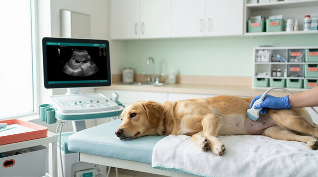 Golden retriever receiving ultrasound scan at veterinary clinic. Medical diagnostic procedure for pets. Vet technician performing internal imaging exam