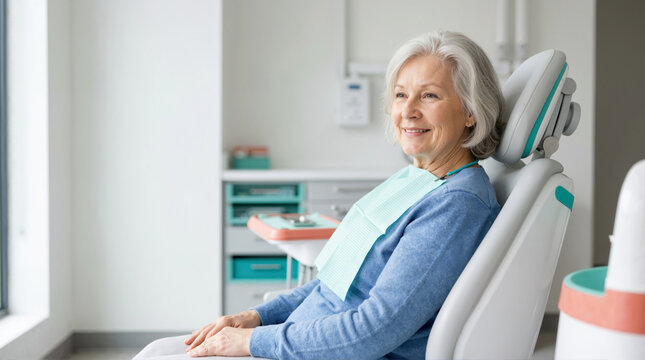 Senior woman sitting in dental chair for checkup. Elderly patient in modern dental clinic. Oral healthcare and senior dentistry concept