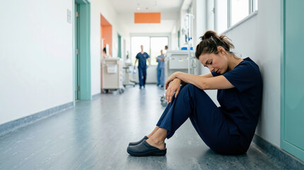 Obraz premium Exhausted nurse resting in a hospital hallway. Tired female healthcare worker sitting on the floor in blue scrubs. Burnout and fatigue in medicine