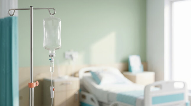 Close up of an IV drip bag with saline solution in a hospital room. Medical infusion equipment on a metal stand. Healthcare and intravenous therapy concept