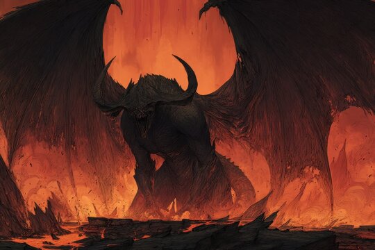 Horned demon with massive wings in a fiery underworld